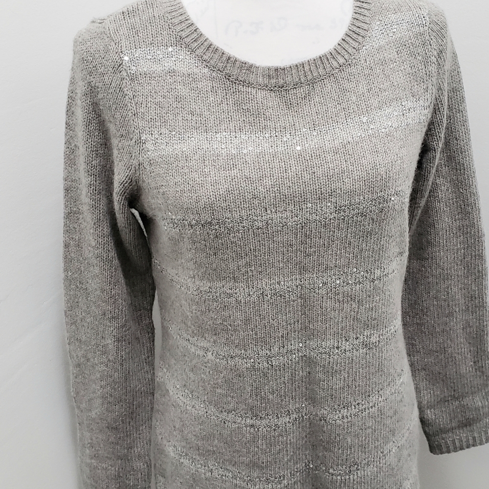 CYNTHIA ROWLEY Gray Metallic Stripe Wool Blend Sweater